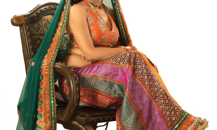 This beautiful photo captures a woman wearing a traditional Indian sari, enveloped in a vibrant and colorful fabric. The photo is framed with the woman standing in a bright garden, surrounded by lush greenery, with a backdrop of a stunning lake behind her. The photo is filled with rich hues and subtle shadows that give it an ethereal and romantic feel. The woman's pose is graceful and elegant, conveying the beauty of traditional Indian culture and the timelessness of this classic garment., Sarees Photography In Delhi, Saree Photography